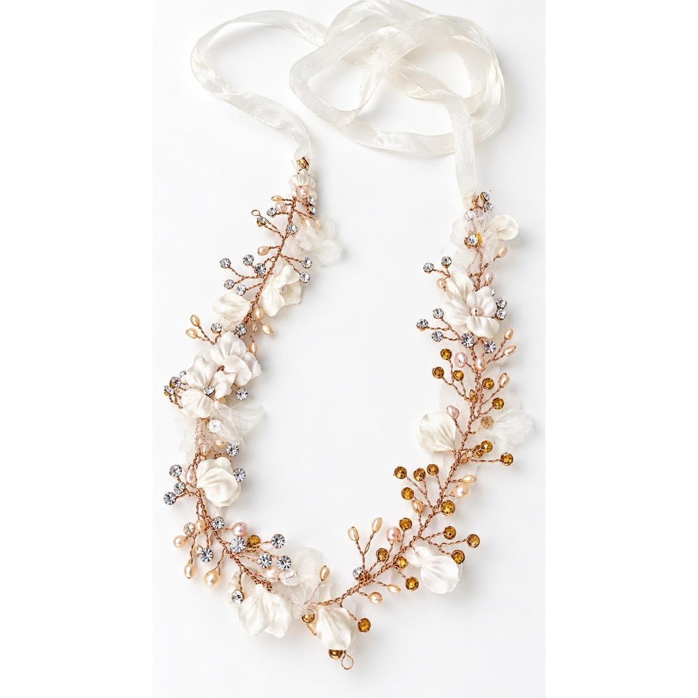 David's Bridal Rose Gold Floral Pearl Crystal Bridal Hair Vine Headpiece